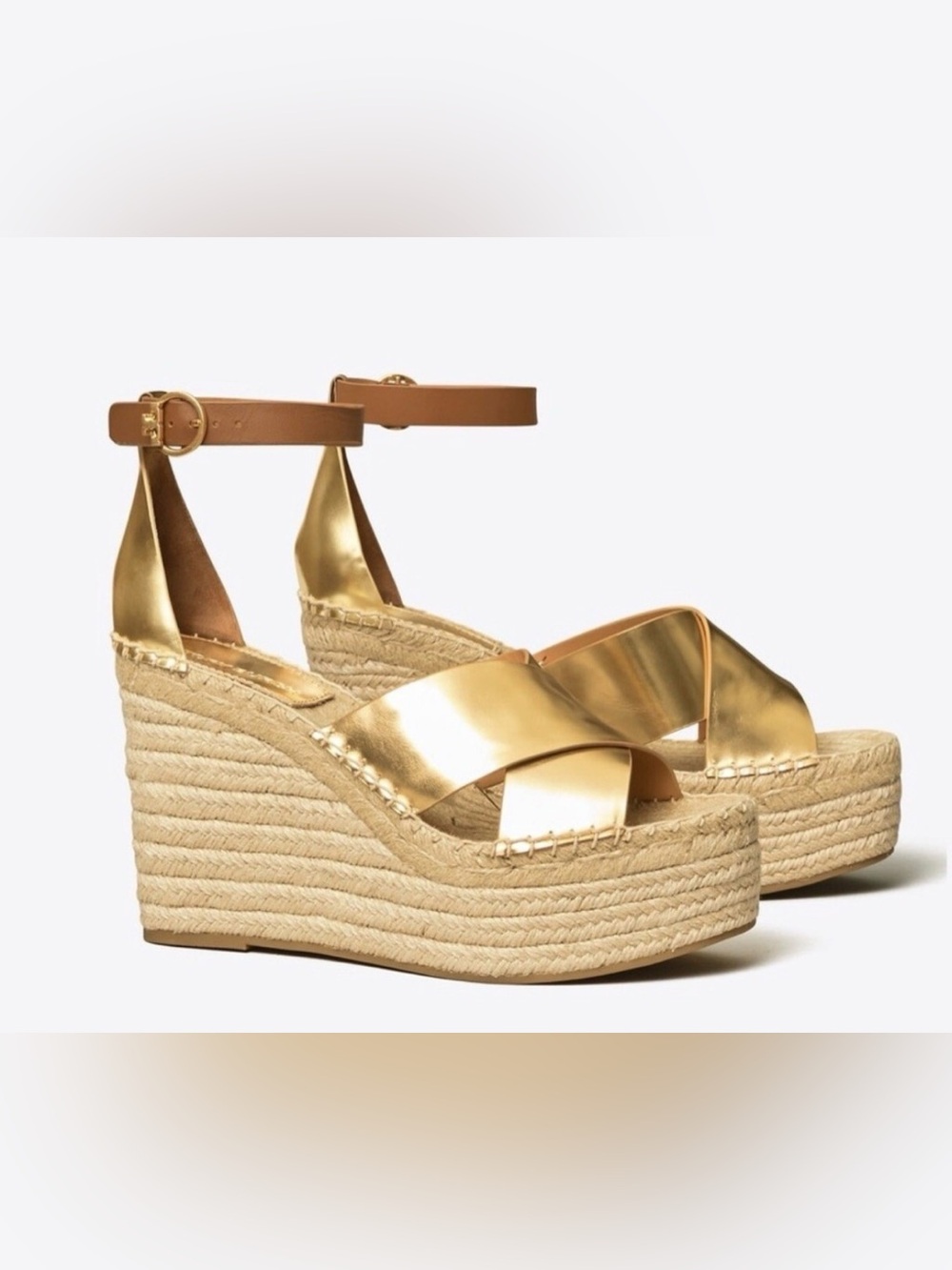 Tory Burch Shelby Wedge Gold Metallic Espadrille Platform Sandals size 7.5 $278